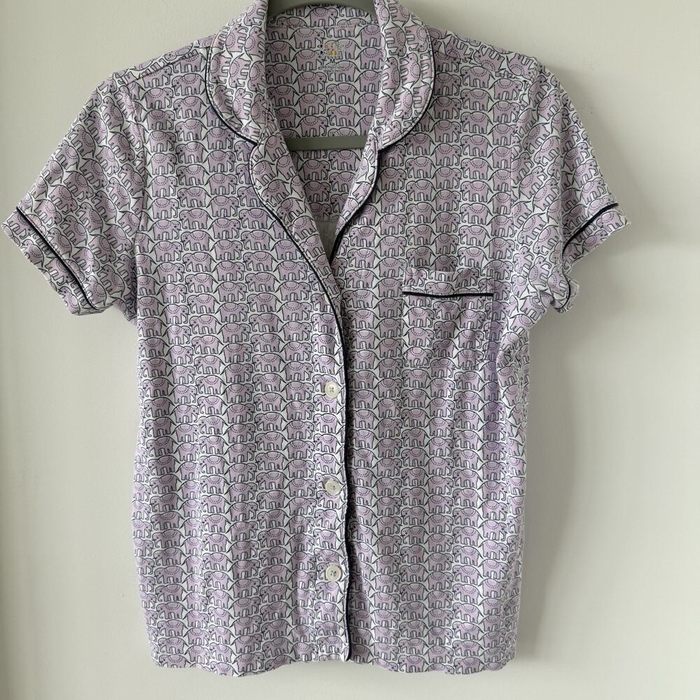 Roller Rabbit Elephant Print Pajama Shirt Size Medium Cotton Polo Lilac White